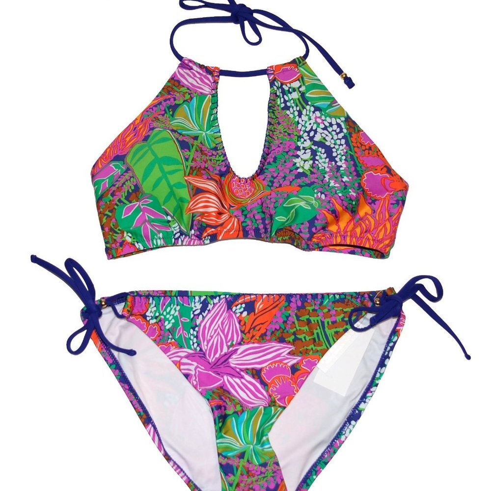 NWT Trina Turk Women's High Neck Tropical Escape Top & Tie Side Bikini Bottom 10